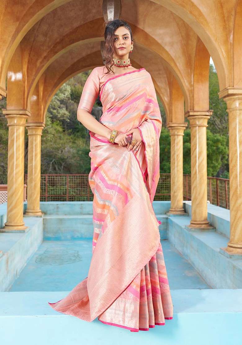 Pink Zari Woven Work Banarasi Silk Blend Saree Set for Diwali and Festive Wear - Indya
