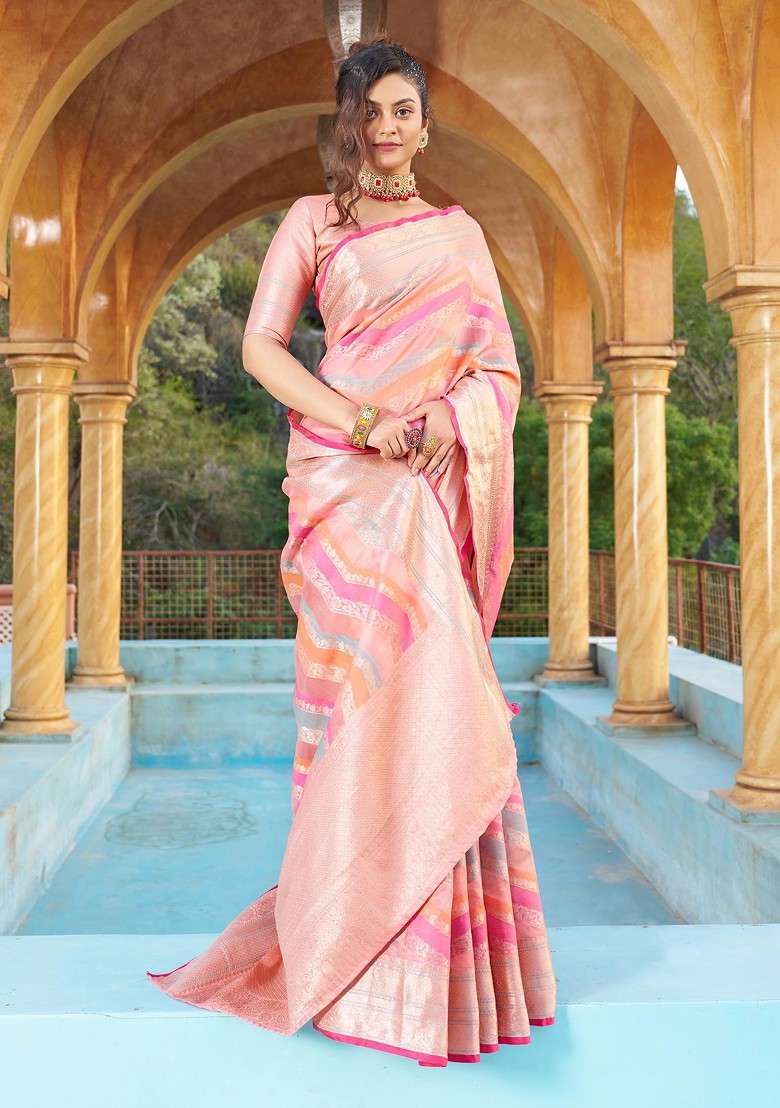 Pink Zari Woven Work Banarasi Silk Blend Saree Set for Diwali and Festive Wear - Indya