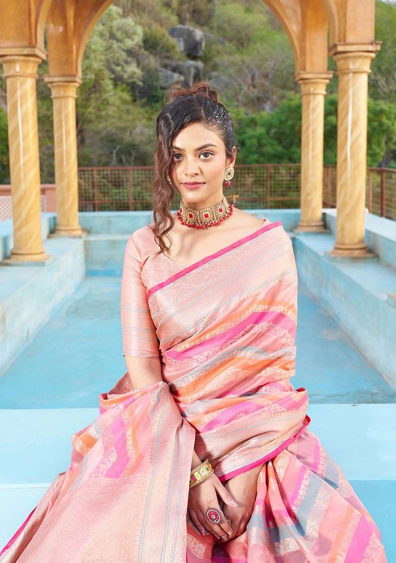 Pink Zari Woven Work Banarasi Silk Blend Saree Set for Diwali and Festive Wear - Indya