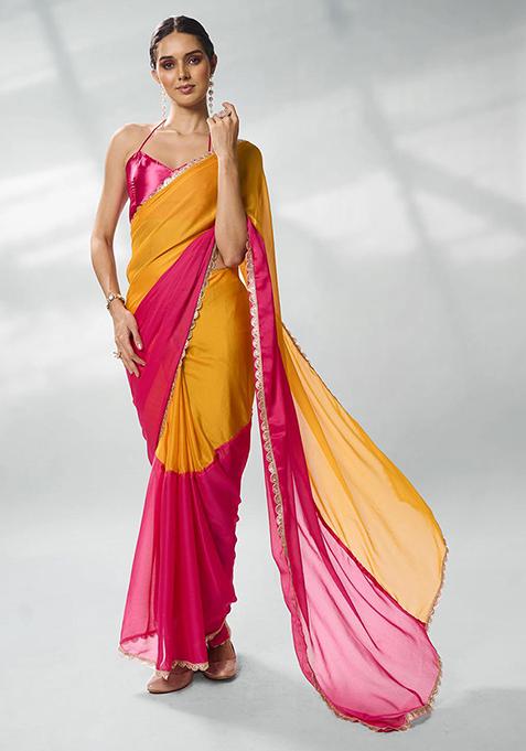 Pink And Yellow Solid Pure Chiffon Saree Set