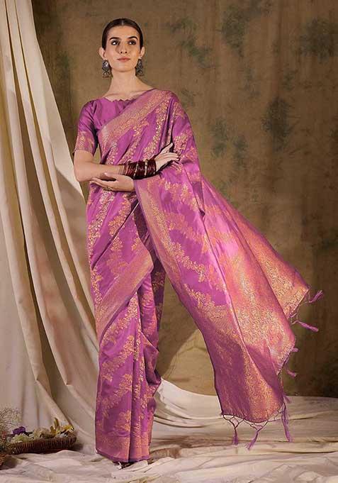 Pink Woven Floral Jaal Work Banarasi Silk Saree Set