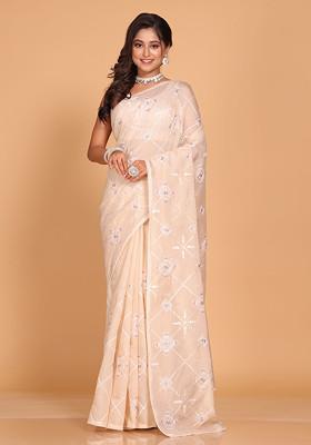Beige Embroidered Saree Set