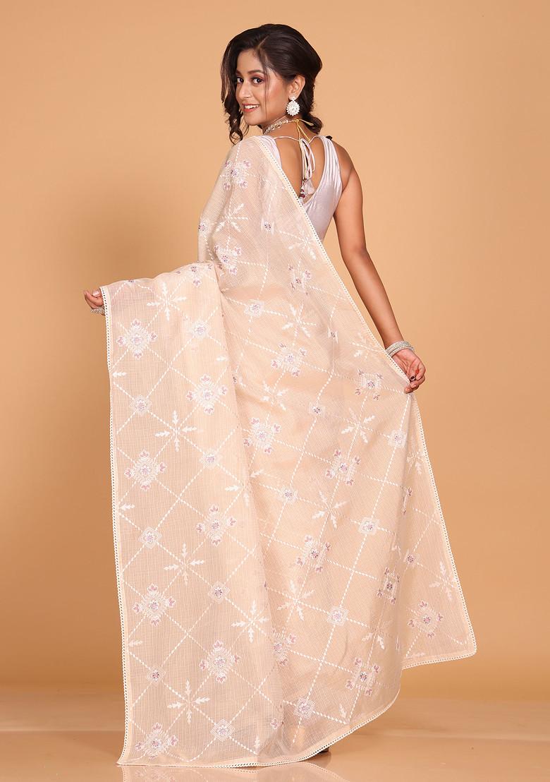 Beige Embroidered Saree Set - Indya