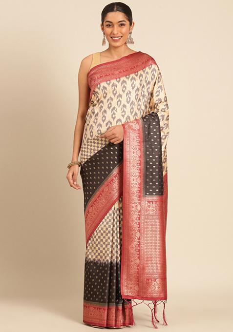 Off White Woven Design Silk Saree Set