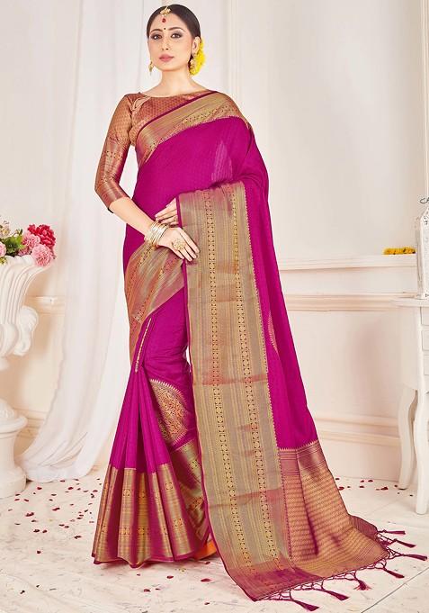 Pink Woven Design Banarasi Art Silk Saree Set