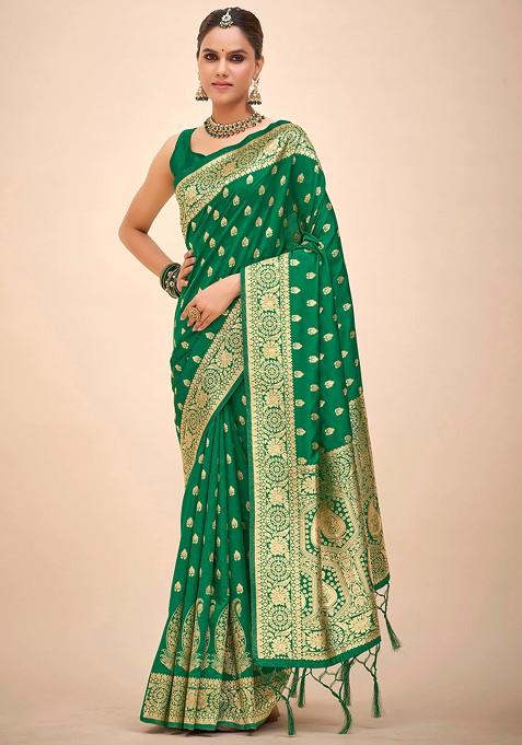 Teal Green Woven Design Banarasi Art Silk Saree Set