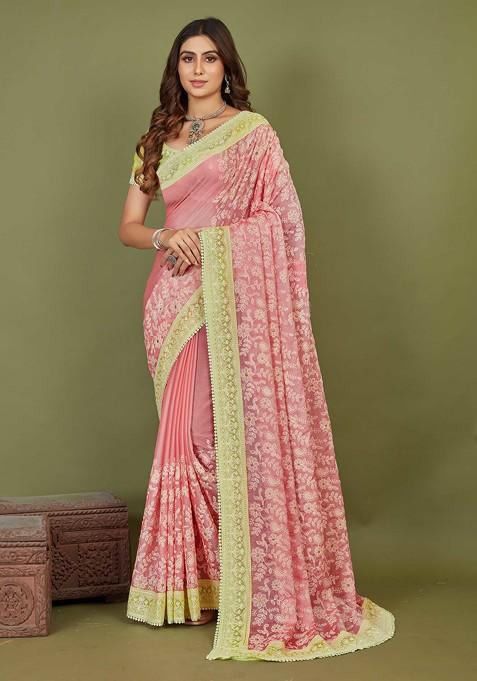 Pink Embroidered Chiffon Saree Set