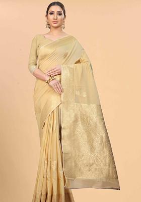 Beige Zari Woven Cotton Blend Saree Set