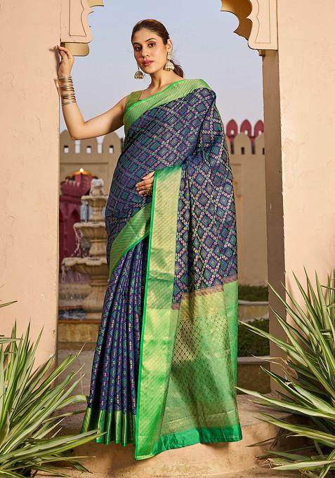 Blue Zari Woven Work Patola Silk Blend Saree Set