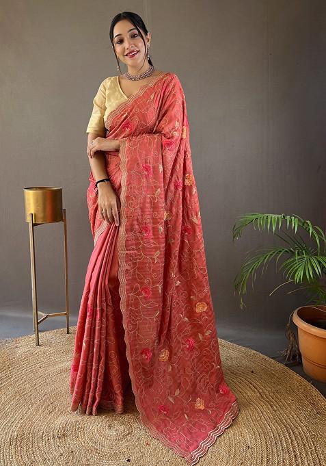 Pink Thread Embroidered Tussar Silk Saree Set