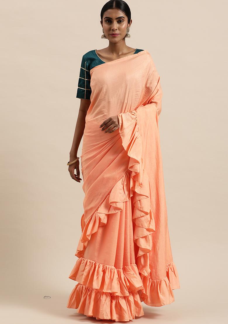 Peach Solid Ruffled Silk Blend Saree Set
