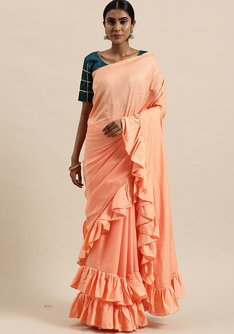 Peach Solid Ruffled Silk Blend Saree Set