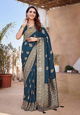 Navy Blue Woven Paithani Silk Saree Set