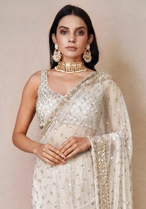 Off White Embellished Soft Net Saree Set