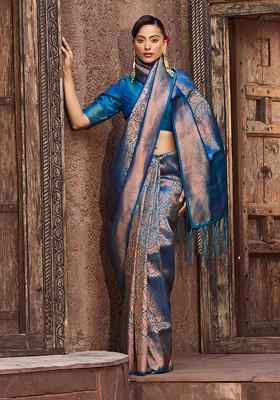 Teal Blue Solid Silk Blend Saree Set