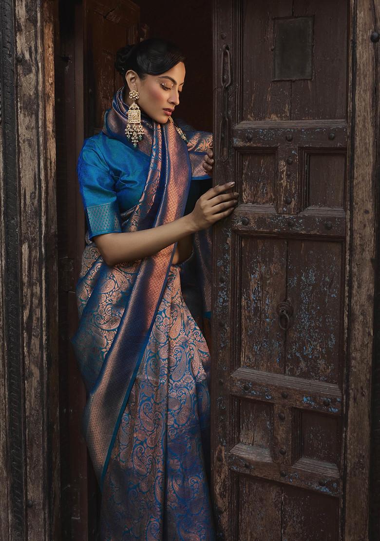 Teal Blue Solid Silk Blend Saree Set
