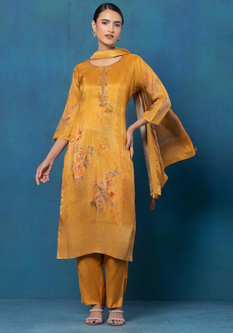 Mustard Yellow Floral Print Embellished Organza Kurta Set With Pants And Dupatta