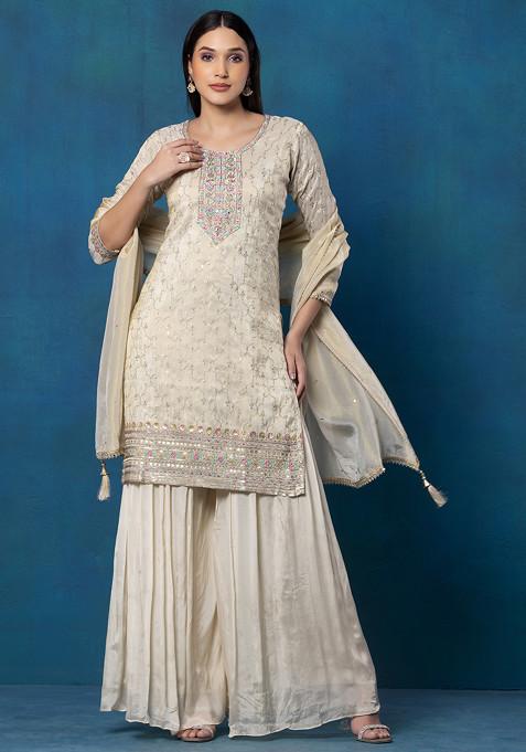 Beige Zari And Sequin Hand Embroidered Kurta Set With Palazzo And Dupatta