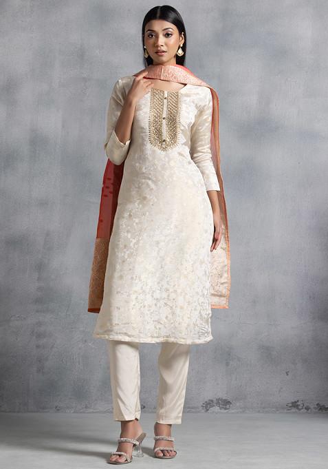 Ivory Floral Self Design Kurta Set With Pants And Orange Brocade Dupatta