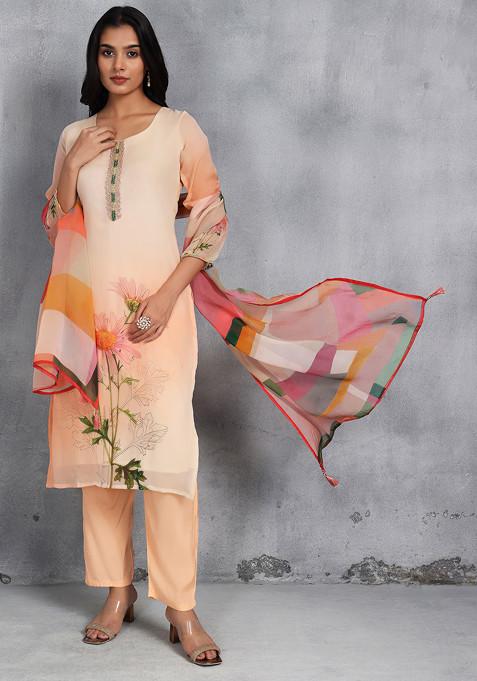 Beige Floral Print Cutdana Bead Embellished Kurta Set With Pants and Dupatta