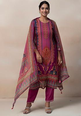 Women Cotton Lilac Floral Print Kurta Comfort Pant Dupatta main image 0