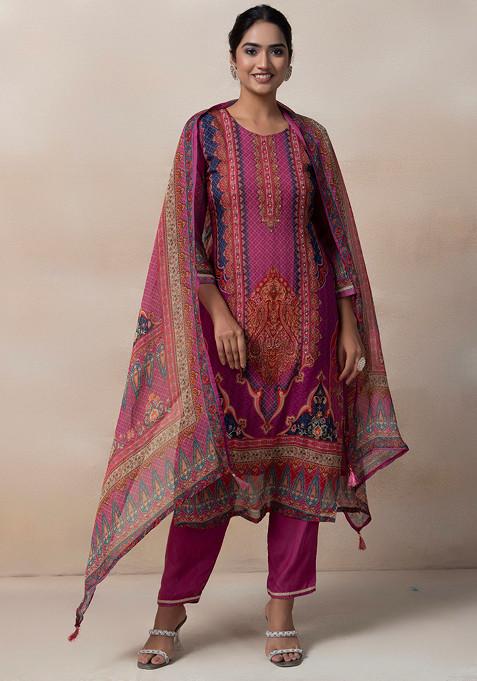 Pink Floral Print Embellished Kurta Set With Pants And Printed Dupatta