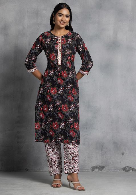 Black Floral Print Cotton Kurta With Printed Pants (Set of 2)