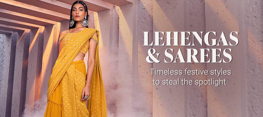 Mustard Yellow Foil Print Pre-Stitched Saree (Without Blouse)