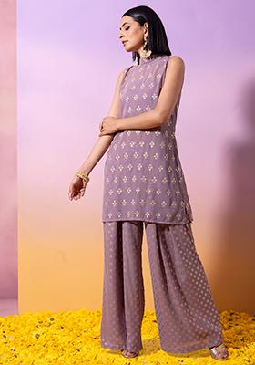 Lilac Foil Print Pleated Sharara Pants And Short Kurta With Bustier Set