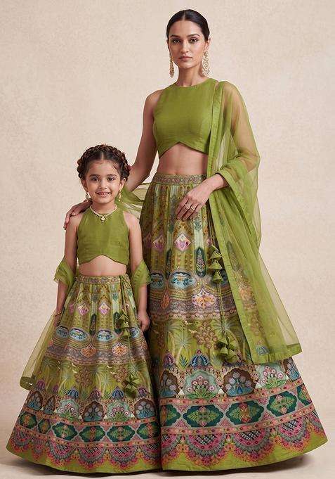 Royal Green Embroidered Crepe Mother Daughter Lehenga Set | Twin In Royal Style