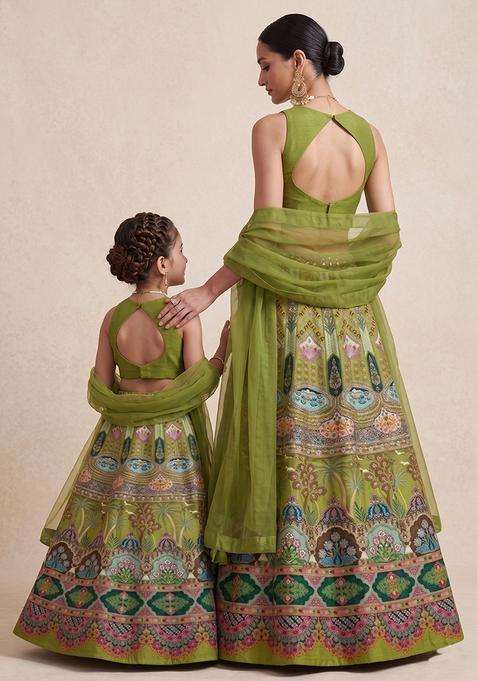 Royal Green Embroidered Crepe Mother Daughter Lehenga Set | Twin In Royal Style