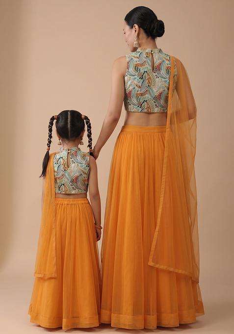 Dreamy Burnt Orange Crepe Mother Daughter Lehenga Set | Twin In Royal Style