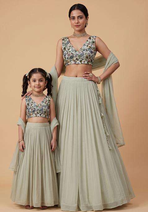 Royal Silver Grey Crepe Mother Daughter Lehenga Set | Twin In Royal Style