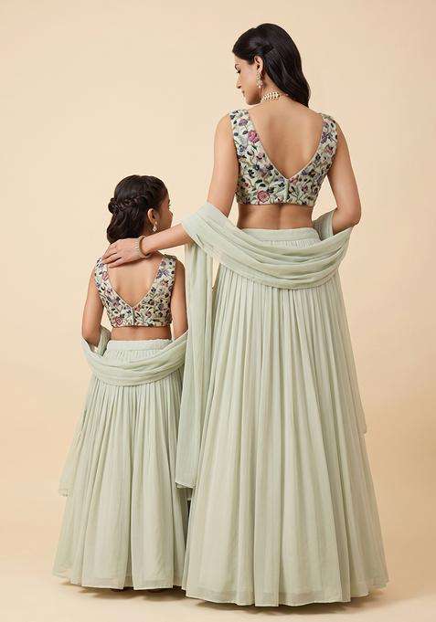 Royal Silver Grey Crepe Mother Daughter Lehenga Set | Twin In Royal Style