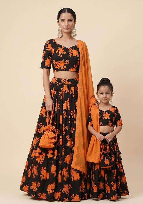 Royal Orange Floral Print Crepe Mother Daughter Lehenga Set | Twin In Royal Style