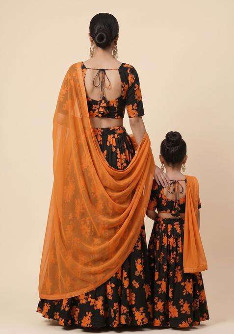 Royal Orange Floral Print Crepe Mother Daughter Lehenga Set | Twin In Royal Style