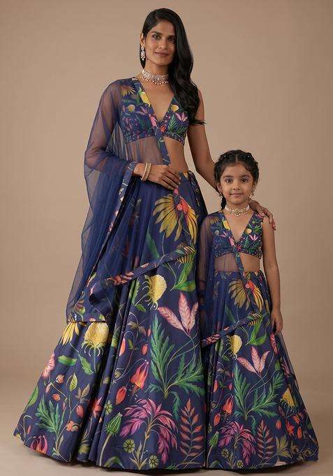 Royal Navy Blue Floral Print Satin Mother Daughter Lehenga Set | Twin In Royal Style