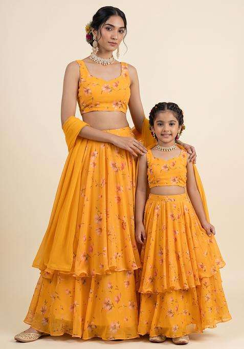 Enchanting Yellow Floral Print Chinon Mother Daughter Lehenga Set | Twin In Royal Style