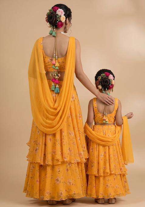 Enchanting Yellow Floral Print Chinon Mother Daughter Lehenga Set | Twin In Royal Style