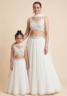 Royal White Embroidered Net Mother Daughter Lehenga Set | Twin In Royal Style