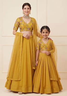 Dreamy Yellow Embroidered Crepe Mother Daughter Lehenga Set | Twin In Royal Style