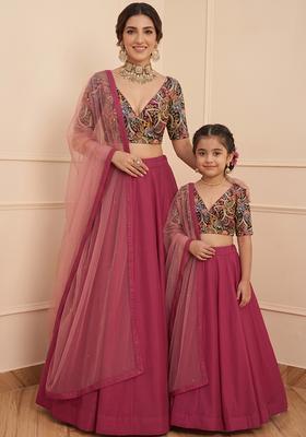 Enchanting Pink Embroidered Crepe Mother Daughter Lehenga Set | Twin In Royal Style
