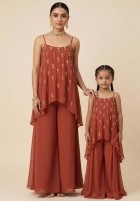 Pretty Brown Chinon Handwork Mother Daughter Fusion Set | Twin In Charm