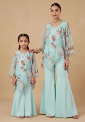 Pretty Powder Blue Printed Organza Mother Daughter Fusion Set | Twin In Charm