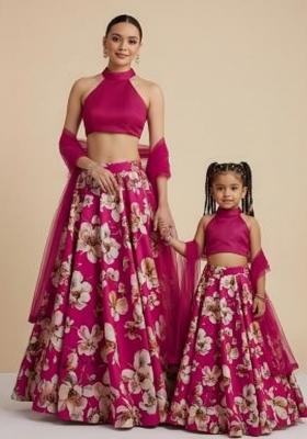 Enchanting Rani Pink Floral Print Crepe Mother Daughter Lehenga Set | Twin In Royal Style