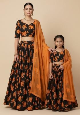 Royal Orange Floral Print Crepe Mother Daughter Lehenga Set | Twin In Royal Style