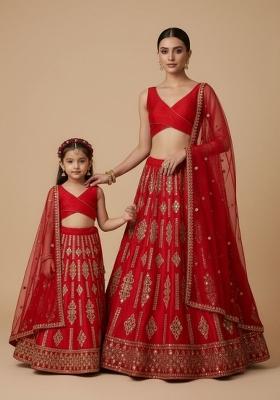 Royal Red Embellished Georgette Mother Daughter Lehenga Set | Twin In Royal Style