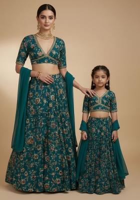 Dreamy Teal Blue Floral Print Crepe Mother Daughter Lehenga Set | Twin In Royal Style