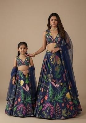 Royal Navy Blue Floral Print Satin Mother Daughter Lehenga Set | Twin In Royal Style