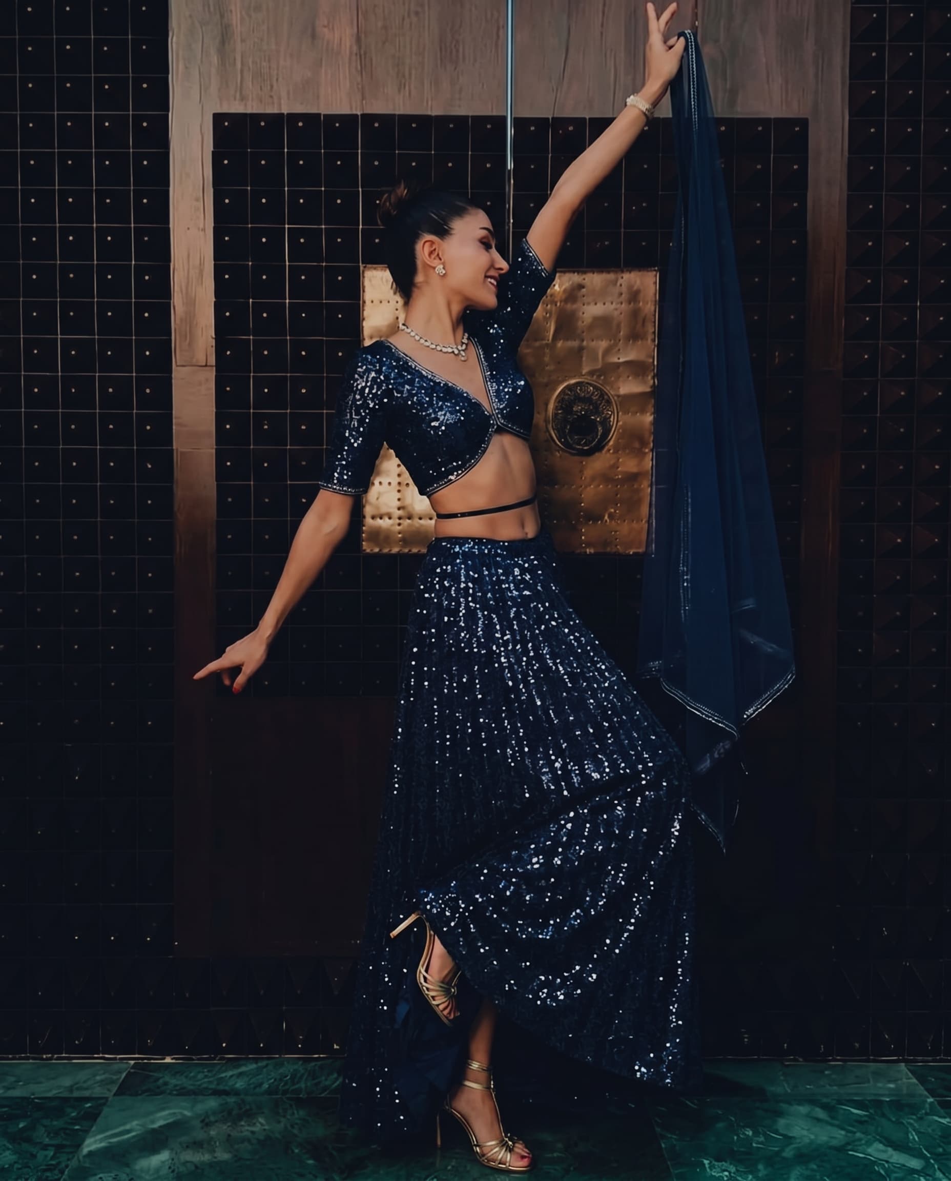 Blue Sequin Net Lehenga Set